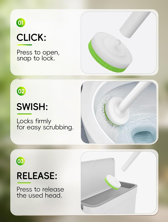 Wall Mounted Disposable Toilet Brush System with Holder, Toilet Bowl Cleaning Wand with Green Refills and One-Button Release, 1 Wand and Holder with 24 Green Refills