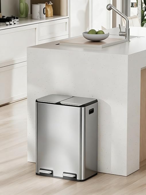 Arlopu 16Gal Dual Trash Can w/2 Built-in Box for Odor Control | Hands-Free Kitchen Garbage Bin, Recycle Waste Dustbin, Soft-Close Lid, 2 Buckets, Foot Pedal, Side Handle, for Home (Silver)