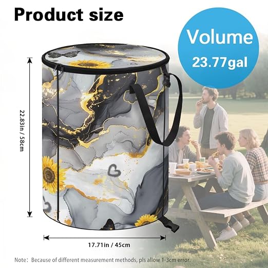 BIGCARJOB Marble Print Collapsible Trash Can Portable Tall Trash Can Oval Recycling Bin 22.83x17.71 Outside Sunflower Garbage Bin Storage Bag with Clip and Zipper Lid