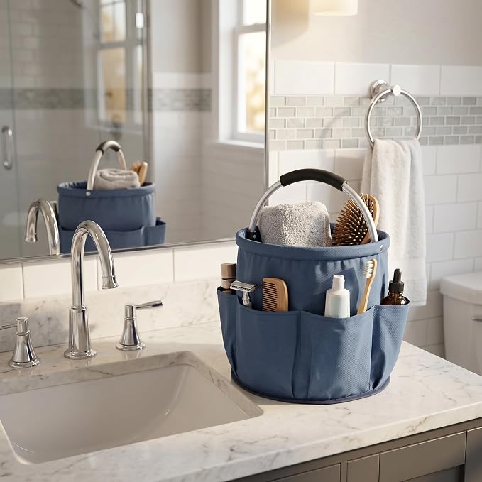 Cleaning Caddy with Handle, Large Supply Organiser 17L with 6 Pockets, Cleaning Products Organiser, Foldable Storage Basket, Portable Cleaning Caddy for Home (Blue)