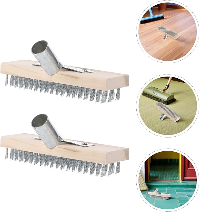 Hemobllo 2pcs Stainless Steel Deck Brush with Wood Handle Heavy Duty Steel Wire Floor Brush for Versatile Deck Cleaning and Anti-Slip Moss Removal Patios and Garages