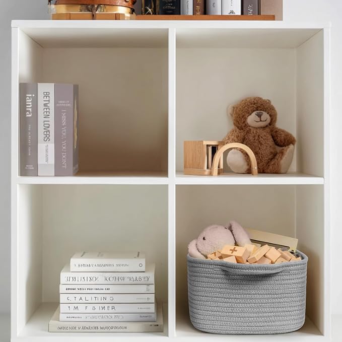 Cute Gray Gift Basket, Woven Baskets for Gifts Empty, Cotton Rope Storage Bin for Organizing, Kids Cat Dog Toy Box, Baby Nursery Organizer, Wicker Easter Basket with Handle, Grey Room Decor