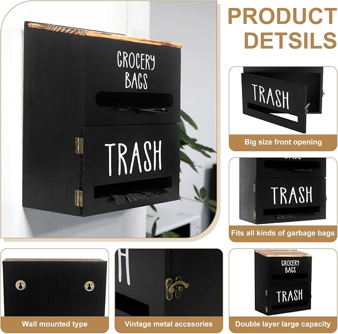 2 in 1 Trash Bag Dispenser, Double Wall Mounted,Wood Trash Bag Holder, used in kitchen, garage, laundry room, can store Environmentally friendly food bags and garbage bags (Black)
