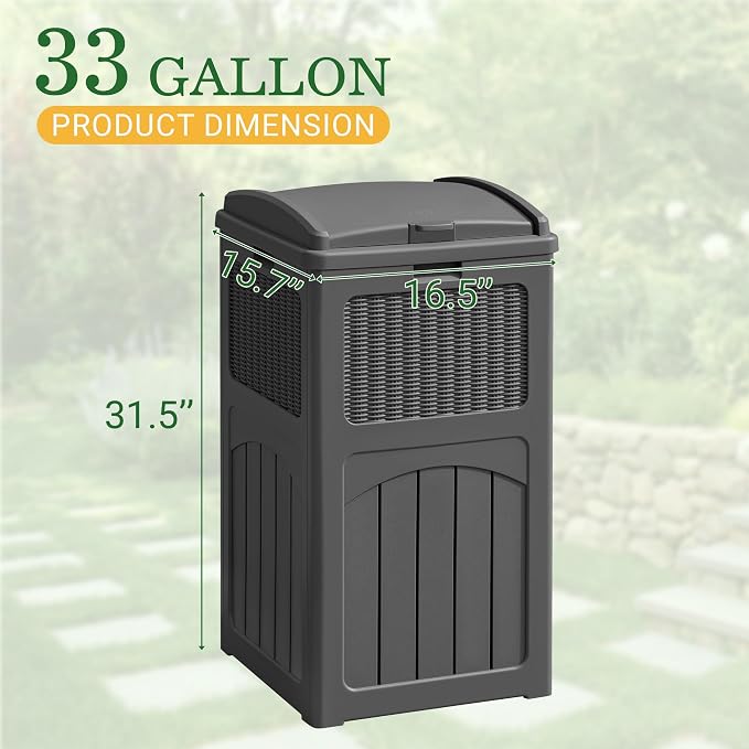 Greesum 33 Gallon Outdoor Trash Can with Lid, Waterproof Design, Gray | Resin Garbage Bin for Hideaway, Deck, Patio
