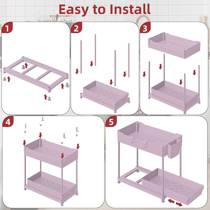 4-Pack 2-Tier Under Sink Organizer with Pull Out Drawers | Multi-use kitchen & bathroom storage. Includes hanging hooks and cups. Pink, space-saving cabinet design. 12.8 Inch