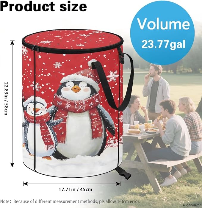 Christmas Penguin 24 Gal Collapsible Trash Can Waterproof Pop-Up Pop up Trash Can for Camping Backyard & Car Travel Easy to Clean Outdoor Garbage Bin Reusable Camping Essentials