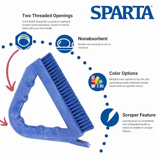 SPARTA Blue Plastic Grout Brush, Triangle-Shaped Scrub Brush with Scraper for Cleaning Tiles and Grout, 9 x 7 x 7 Inches