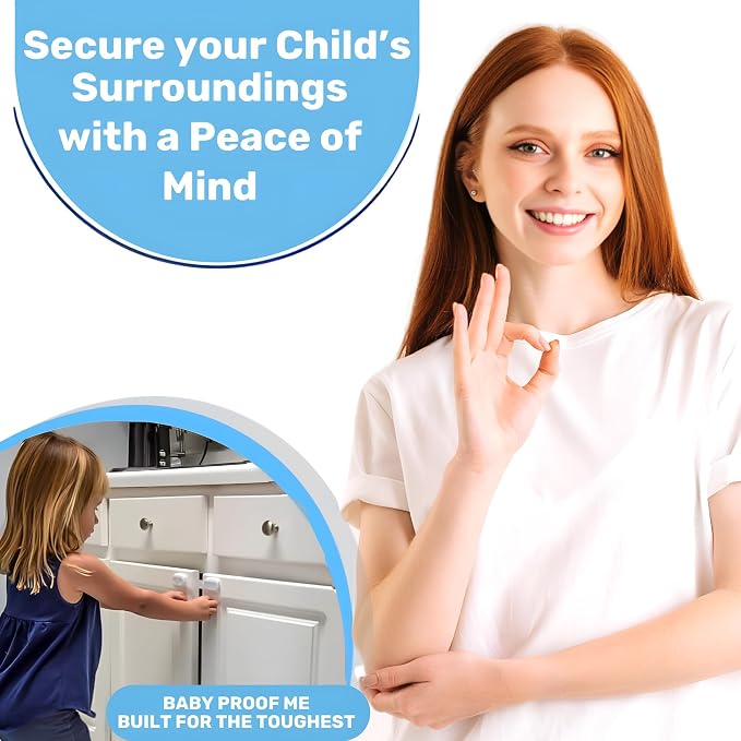 Baby Proof Me Child Safety Cabinet Locks - Baby Proofing Straps & Latches | 6 Pack Adhesive Safety Latches for Cabinets, Drawers, Fridge, Oven, Toilet & Trash Can, Strong 3M Adhesive - White