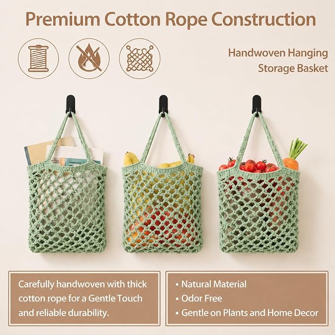 3 Hanging Baskets,Sage Green,Mesh,Cotton Rope | Wicker Wall Baskets with Hooks for Fruit Vegetable Onion Storage, Teardrop Organizer for Kitchen, Boho Farmhouse Decor