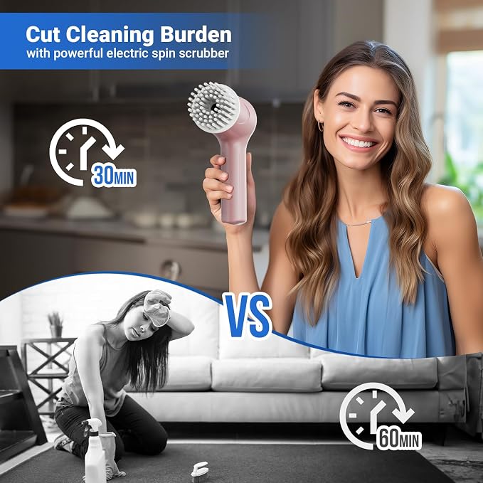 PUFTEM Electric Spin Scrubber, Cordless Shower Scrubber, Pink | Battery Level Display, Dual Speed, 6 Replaceable Brush Heads, IPX7 Waterproof, Long Runtime, Tub, Tile & Sink Cleaning