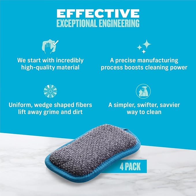 E-Cloth Washing Up Scrub Pad, Sponge for Cleaning - 4 Pack | Reusable & Durable Kitchen Sponge for Dishes & Sink, Non Scratch, Multi Purpose Scrubber, Machine Washable