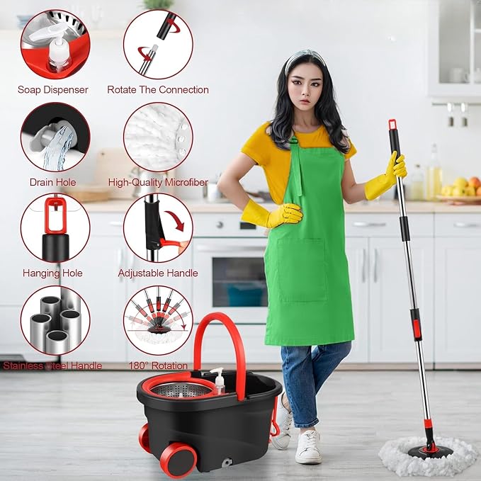 Spin Mop and Bucket with Wringer Set on Wheels,360° Spinning Mop Bucket System for Floor Cleaning, Mop and Bucket Set with 3 Microfiber Mop Replacement Heads and 61" Stainless Steel Adjustable Handle
