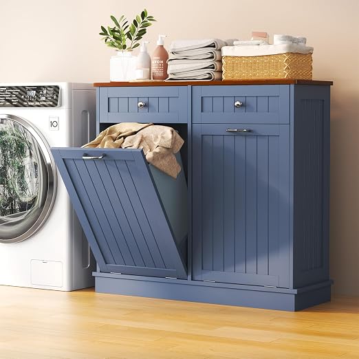 LOUVIXA Tilt Out Trash Can Cabinet with Double Hidden Trash Bin Holder, Kitchen Free Standing Recycling Cabinet,Dog Proof Trash Can,Wood, Blue