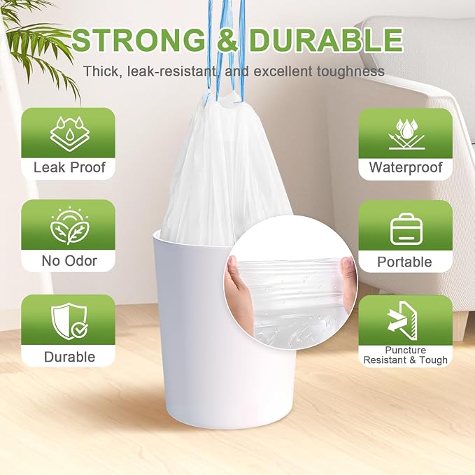 4 Gallon 200 Count Drawstring White Unscented Small Trash Bags | Leakproof Tear-Free Garbage Can Liners Fit 12-15L Bins for Bathroom Kitchen Office Car Daily Use
