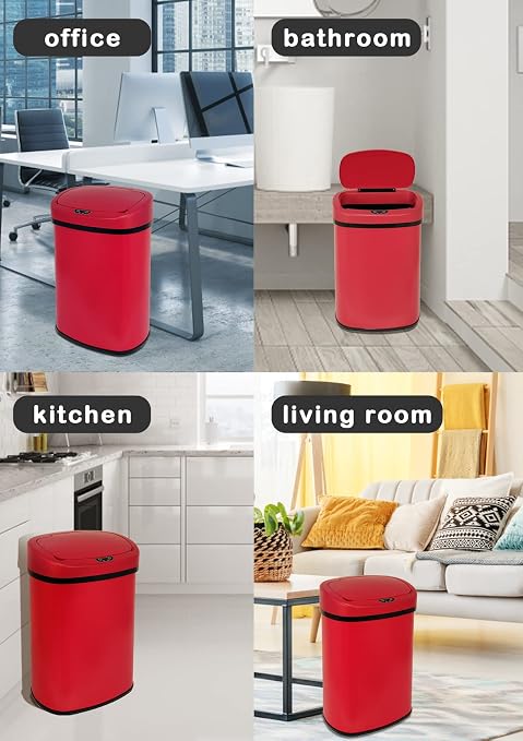 50L/13 Gallon Automatic Trash Can Garbage Can, Large Stainless Steel Kitchen Trash Can Motion Sensor Garbage Can Touchless Trash Bin with Lid for Kitchen Home Office, Soft Close Lid (Red)