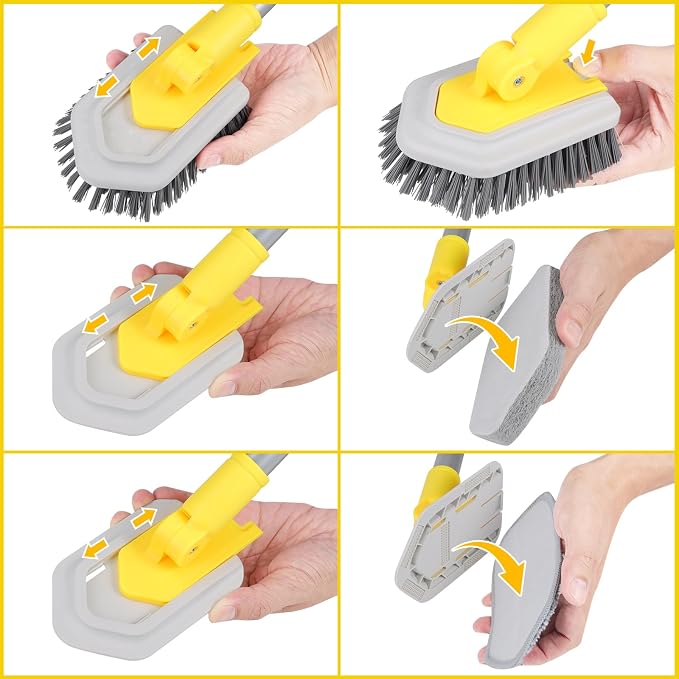 Bathtub Cleaning Brush Long Handle, Shower Bathroom Cleaner Brush Scrubber | 3 Different Detachable Scrub Brush Replacement Head for Scrubing Bathroom Floors, Tubs, Tiles, and Kitchen Walls