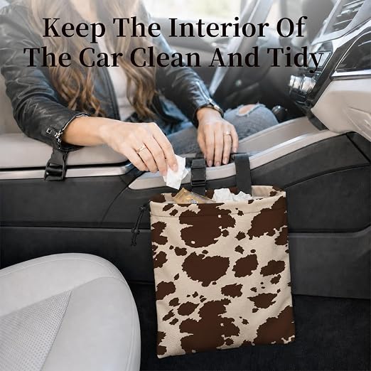 Dark Brown Cow Print Car Garbage Bag Canvas Trash Can | Rustic Animal Print Drawstring Car Trash Bag Hanging for Back Seat with Adjustable Buckle