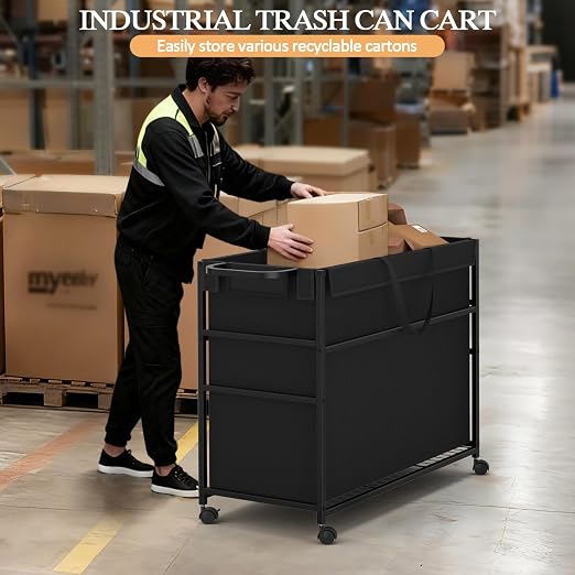 DAOUTIME Commercial Trash Can Cart, 51.5Gal Office Trash Cart (2 Lockable), Recyclable Cardboard Box/Paper Organizer, Large-Capacity Laundry Cart for Hotel/Office/Home/Nursing Home/Groceries/Supplies