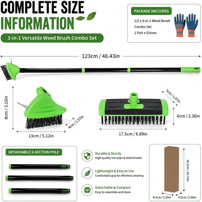 3-in-1 Weed Brush Combo Set with Long Handle, Deck Scrub Brush for Patio, Driveway & Walkway, Crack Cleaning Brush with Wire Bristles and Hook Tool for Pavers, Stone Joints Outdoor (Orange)