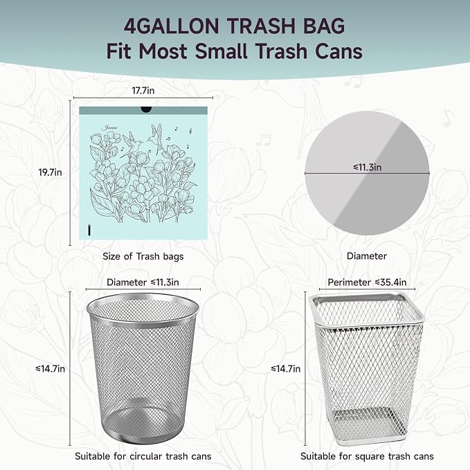 Jasmine Scented Small Garbage Bags,Trash Bags 4 gallon Drawstring For Bathroom,Office,Bedroom,Car,Suitable for 2-4 gallon trash can,colorful Print,Blue,50 Counts