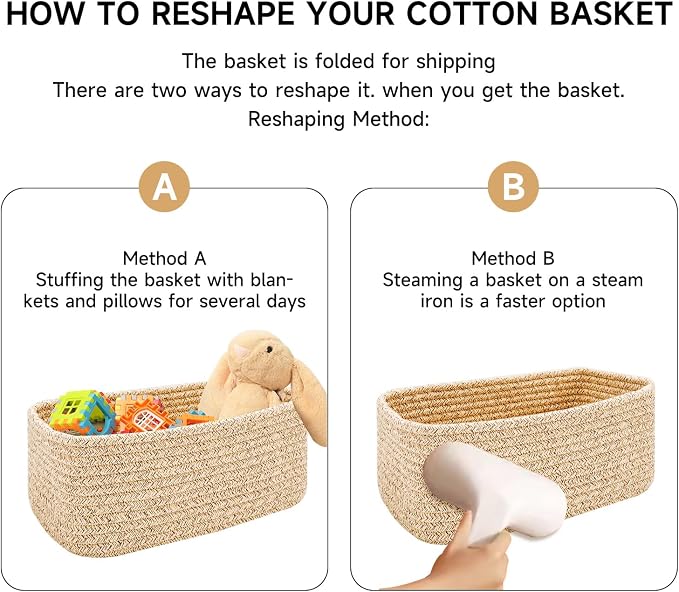 MiniArk Small Storage Baskets for Organizing | Closet Organizer Bins | Shelf Toy Basket | Woven Rope Baskets | Cube Decorative Box | Shallow Basket | 13x8.5x5.1” | 4 Packs Yellow