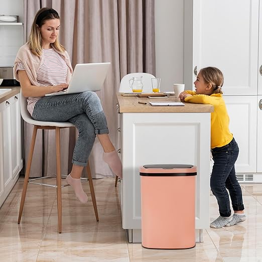 Kitchen Trash Can Automatic Motion Sensor Bathroom Trash Can with Lid,50 Liter/13 Gallon Touchless Trash Bin,Garbage Can Waterproof Garbage Bin Wastebasket for Toilet,Office,Caravans,Bedroom,Pink