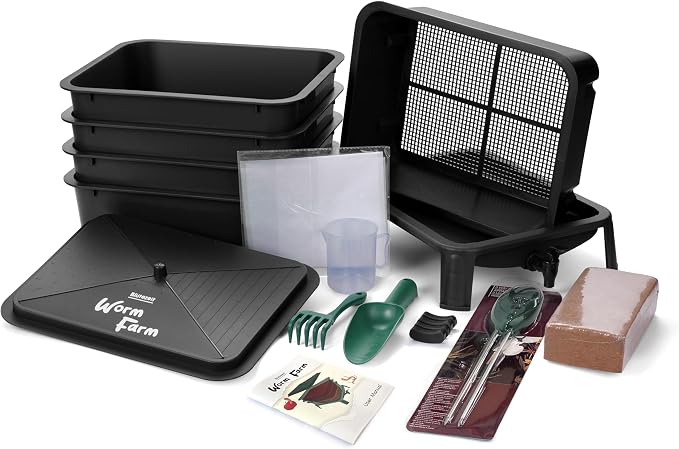 BlĂźtezeit 5-Tray Worm Composter, 53QT Worm Compost Bin Indoor & Outdoor, Worm Farm Kit for Vermicomposting Starter, Recycling Food Waste (Black)
