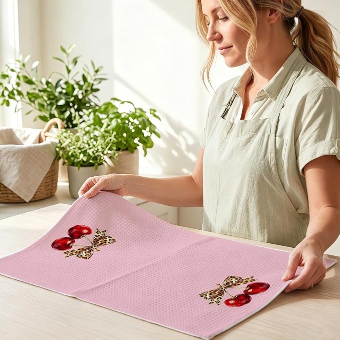 4 Pcs Cherry Hand Towels for Bathroom, Pink Preppy Bow Reusable Dish Towels | Waffle Weave Hand Cloth Tea Towel for Kitchen Bathroom Decor, Cherry Gifts for Women Friend 24x14 Inch