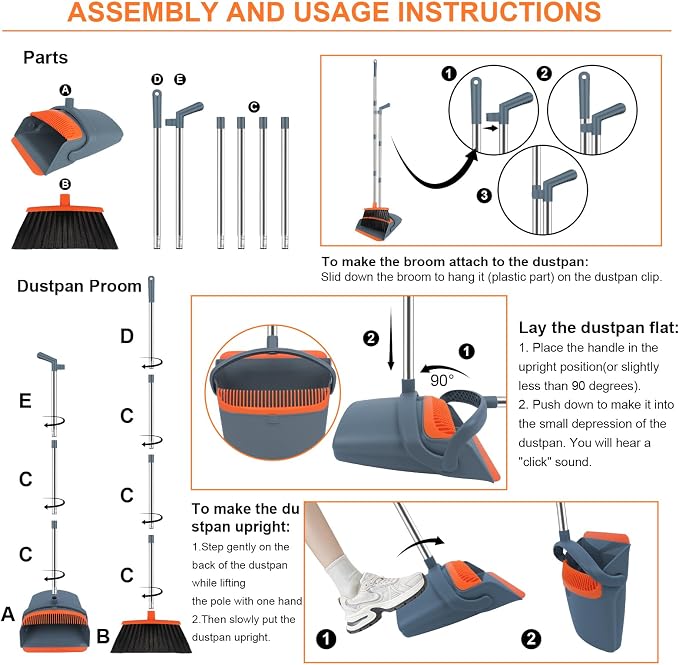 Broom and Dustpan Combo Set, 52" Long Handle with Squeegee & Mini Set | Orange Complete Cleaning Kit, Floor Squeegee for Wet & Dry Messes, Built-in Comb Dustpan, Mini Broom Set,for Home & Pet Areas
