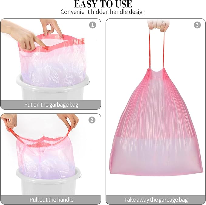60 Counts Drawstring Small Trash Bags,4 Gallon Small Garbage Bags,Pink | Thicken Drawstring Trash Bags for Kitchen,Bathroom,Bedroom,Home,Office Trash Cans