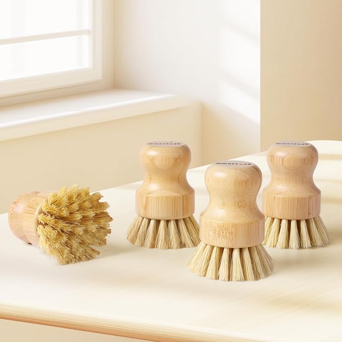 4 Pack Bamboo Dish Brush with Sisal Bristles for Kitchen Cleaning | Natural Material, No Plastic, Dish Scrubber Brush for Dish Cleaning, Sufficient Quantity for Replacement, Ergonomic Handle