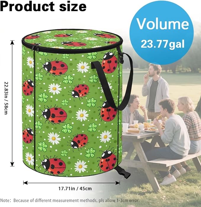 Ladybug 24 Gal Collapsible Trash Can Waterproof Pop-Up Pop up Trash Can for Camping Backyard & Car Travel Easy to Clean Outdoor Garbage Bin Reusable Camping Essentials
