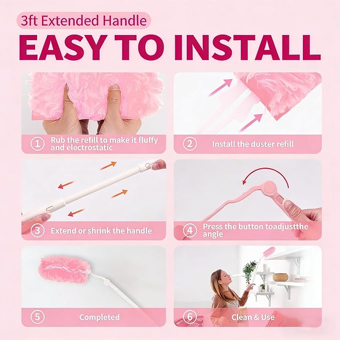 Pink Duster Refill for Swiffer Duster, 50 Count Disposable Dusters Kit | for Cleaning Dusting Furniture Blind Ceiling Fan, Multi Surface 360 Feather Duster + 3FT Extended Handle + 1 Handle