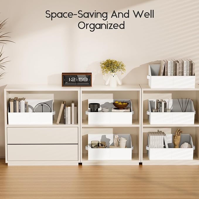 Large Closet Organizers and Storage Bins - 8 Pack Trapezoid Storage Baskets for Shelves, Foldable Fabric Baskets with Handles Ideal for Closet, Basket, Wardrobe and Shelf Storage, White