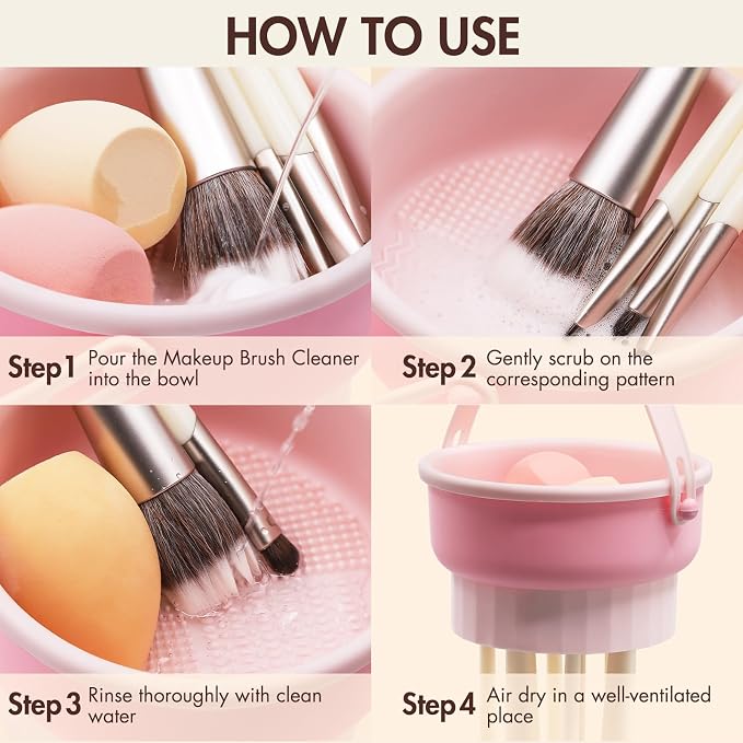 Makeup Brush Cleaner Mat, Brush Cleaner Bowl For Deep Cleaning Tools, 3 in 1 Cleaning Tool Makeup Organizer Storage for Brushes, Powder Puffs, and Sponges(Pink)