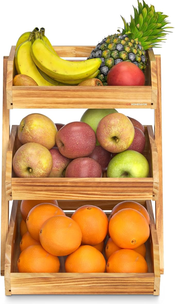 G.a HOMEFAVOR Wooden 3 Tier Fruit Basket, Brown, Pine Wood, Sturdy, Self-assembly | Large Pine Wood Fruit Bowl for Kitchen Countertop, Vegetable Storage and Home Organizer