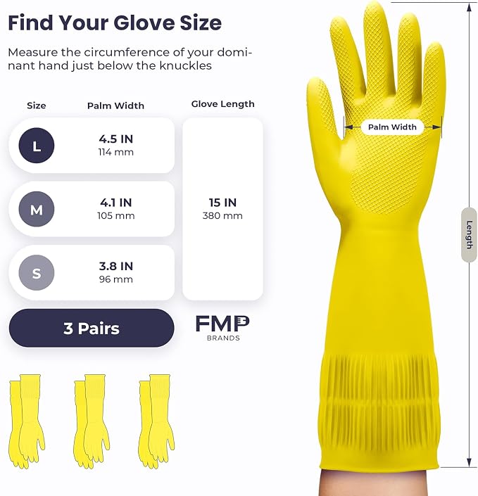FMP Brands 3/6/12/60 Pairs 15 Inch Extra Long Rubber Dishwashing Gloves - Non-Slip for Cleaning, Kitchen, Bathroom, Gardening