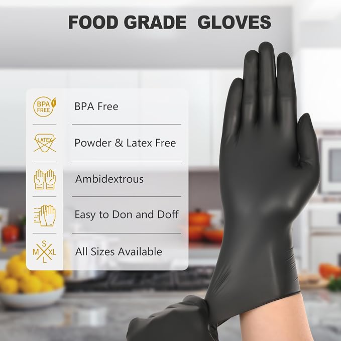 Black Vinyl Gloves, Food Grade Gloves Disposable Latex Free | Powder Free Guantes for Cleaning, Cooking, Food Prep