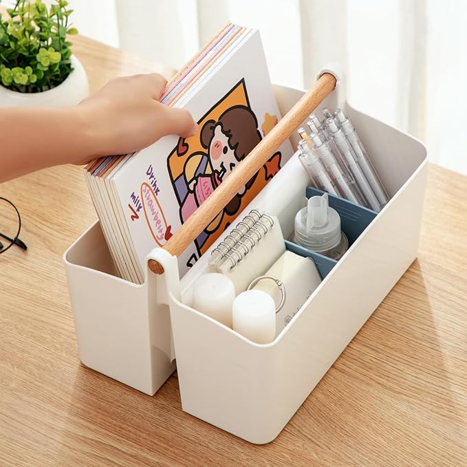 Vidifor Large Portable Basket with Handle, Plastic Craft Storage Organizer Caddy Tote with Adjustable Divided for Makeup Art Supplies, Sewing, Colored Pencils-Blue
