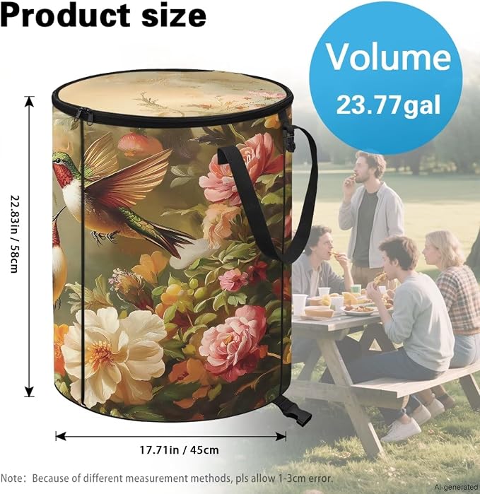 Hummingbird 24Gal Collapsible Trash Can Camo Waterproof Pop-Up Bin w/Lid for Camping & Backyard | Leakproof Yard Waste Bag