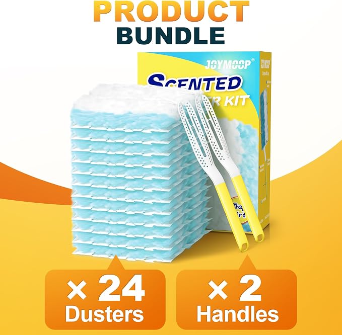 JOYMOOP Disposable Duster for Cleaning, with 2 Handles & 24 Ct Blue Heavy Duty Refills for Swiffer Feather Duster, Household Cleaning Tool for Electronics, Dusting Furniture, Blinds, Pet Hair
