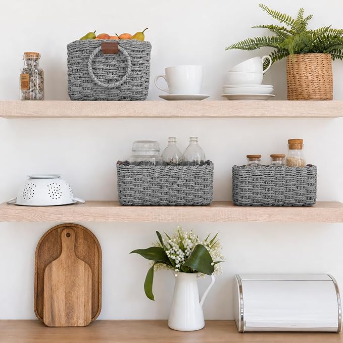Paper Rope Storage Baskets Set of 3, Handwoven Decorative Wicker Organizer Bins with Handles for Shelves, Bathroom, Closet & Pantry, Soft Woven Nesting Storage Basket Set (Gray)
