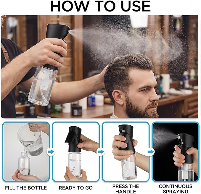 Spray Bottles 250ml/8.5oz 2 Pack Continuous Spray Bottle, Black | For Hair, Refillable, Fine Mist Sprayer, Water Spray Bottles For Cleaning Kitchen Hair Care Skin Toner