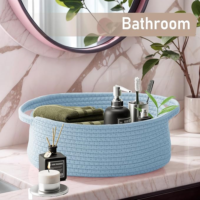 JMvicyroam Small Woven Basket, Empty Gift Basket, Blue/2 Pack | Small Gift Basket, Cotton Rope, 12 x 8 x 31 in, Handles, Includes Ribbon and Bag, Birthday Gift Basket
