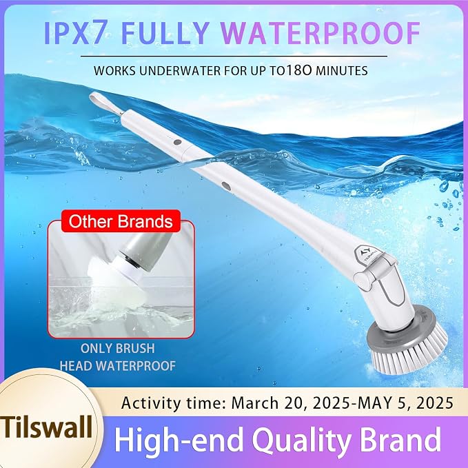 Tilswall Cordless Electric Spin Scrubber - IPX7 Waterproof Cleaning Brush with 180Min Runtime & 43" Extendable Handle, Ideal Gift for Home/Bathroom/Car (Includes 4 Brush Heads)