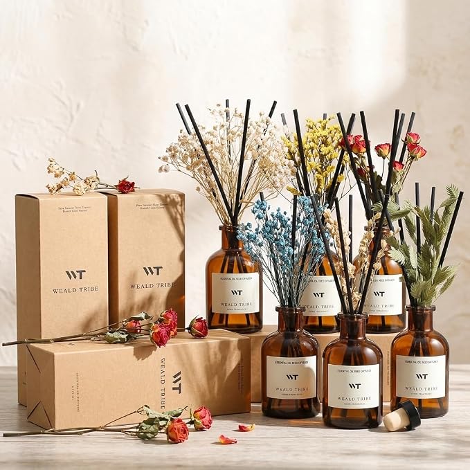 Flower Reed Diffuser Set Cashmere Vanilla Scent for Bathroom Air Fresheners | 4.0 fl oz Essential Oils with Sticks Home Fragrance Defusers | House Bedroom Office Shelf Decor & Gift