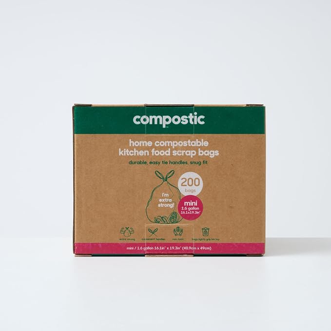 Compostic Compostable Trash Bags, 1.6 Gallon Mini Bin, 200 Ct | Fits 1.6 Gal Bins, Extra Strong, Home Compostable in 12-24 Weeks, Plant-Based, BPA & GMO Free
