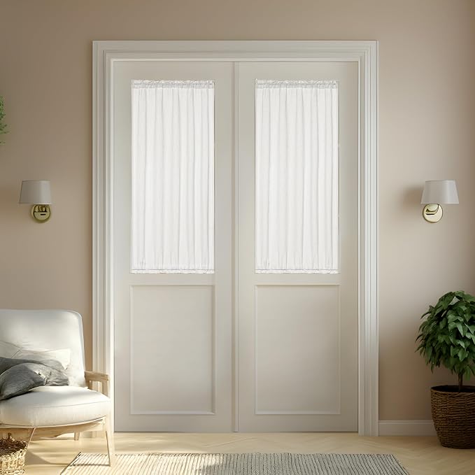 25 x 68 Inch Sheer Door Curtains 2 Panel Ivory White Linen Textured | Side Door Window Drapes, Boho, Light Filtering Privacy Curtain, for Doorways Patio, with Dual Rod Pocket, and Tie Back