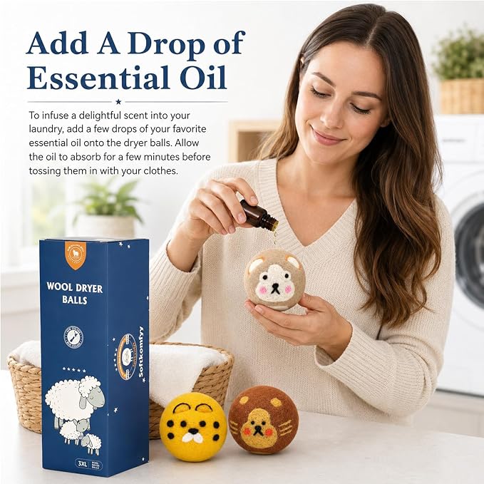 Wool Dryer Balls Handmade 3 Pack XL, Laundry Dryer Balls,100% New Zealand Wool Natural Fabric Softener,Reusable 1000 Loads,Wrinkles Free, Shorten Drying Time,Baby Safe (3 Pack XL,Zoo Friends) | 100% Hand-Embroidered