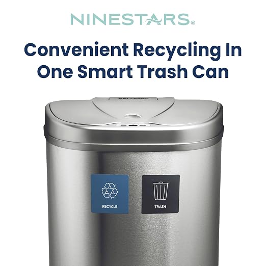 Ninestars 18.5 Gallons Automatic Touchless Kitchen Trash Can, Motion Sensor Trash Can for Kitchen, Office 70 Liter Stainless Steel Recycling Bin (2 x 9.2 Gallon Double Compartment)